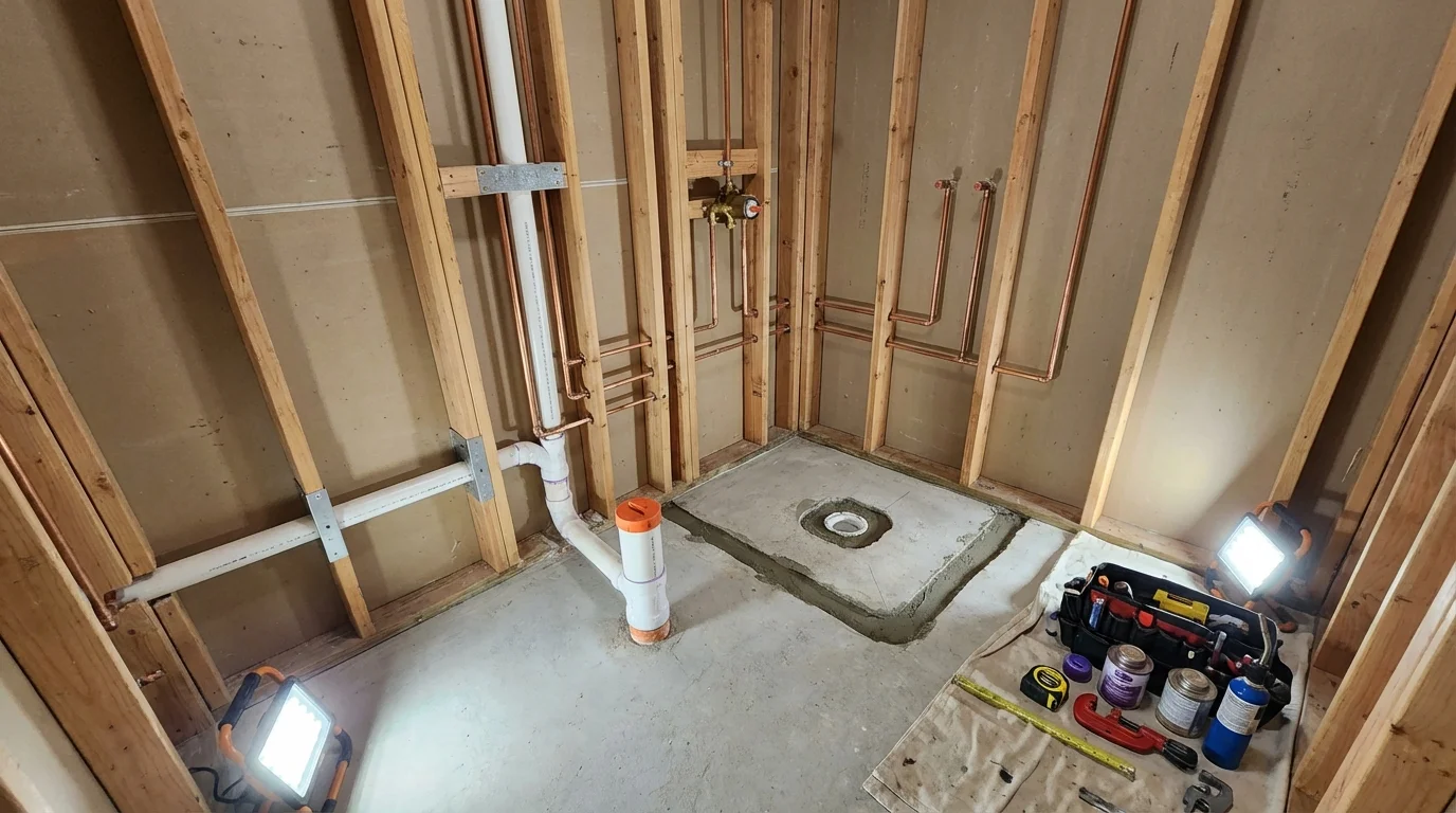 Bathroom rough-in plumbing during remodel by Johns Plumbing LLC in Braintree