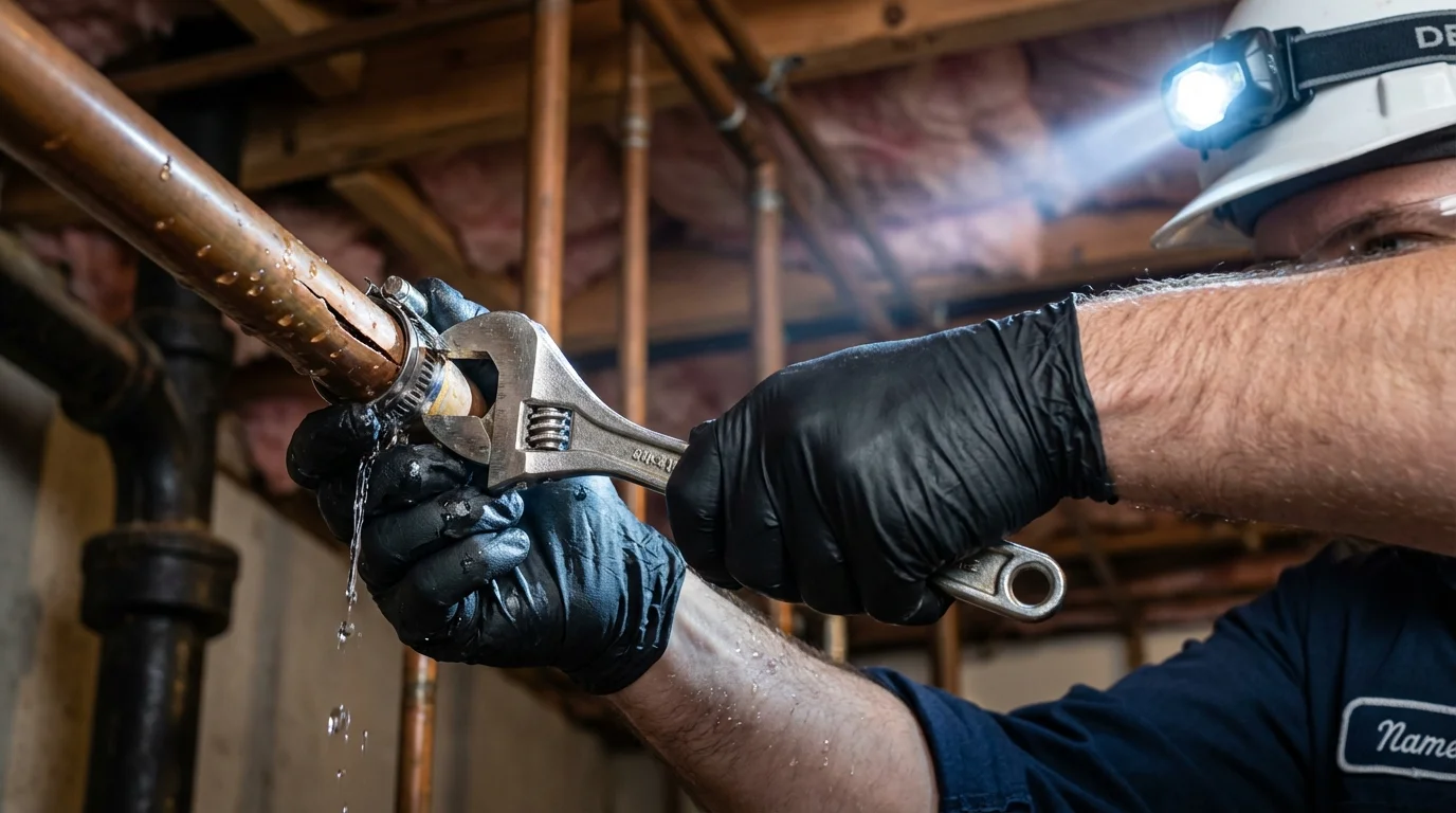 Emergency pipe clamp repair being performed by a Johns Plumbing LLC plumber in Braintree