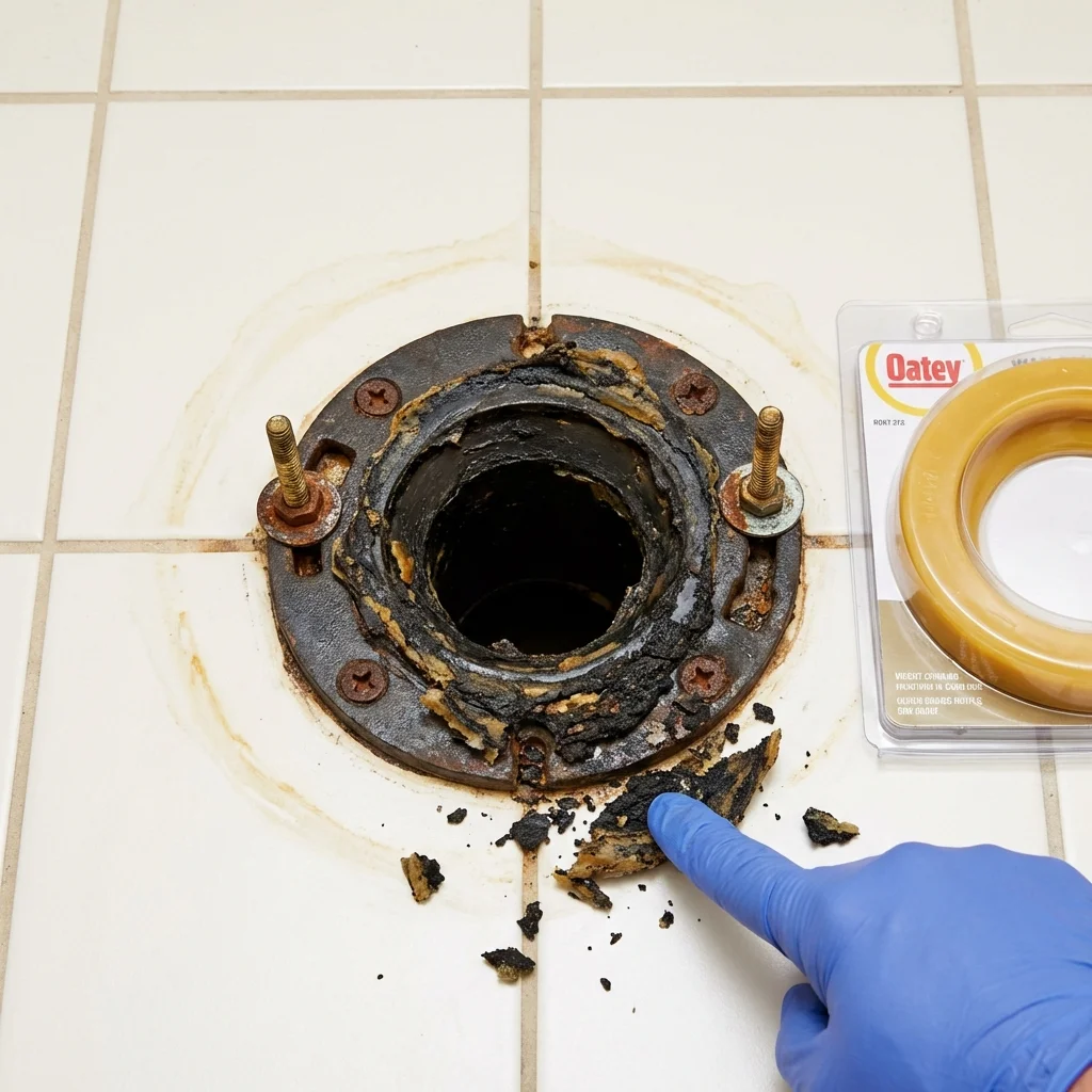 Failed wax ring showing water seepage at the base of a toilet in a Braintree, MA home