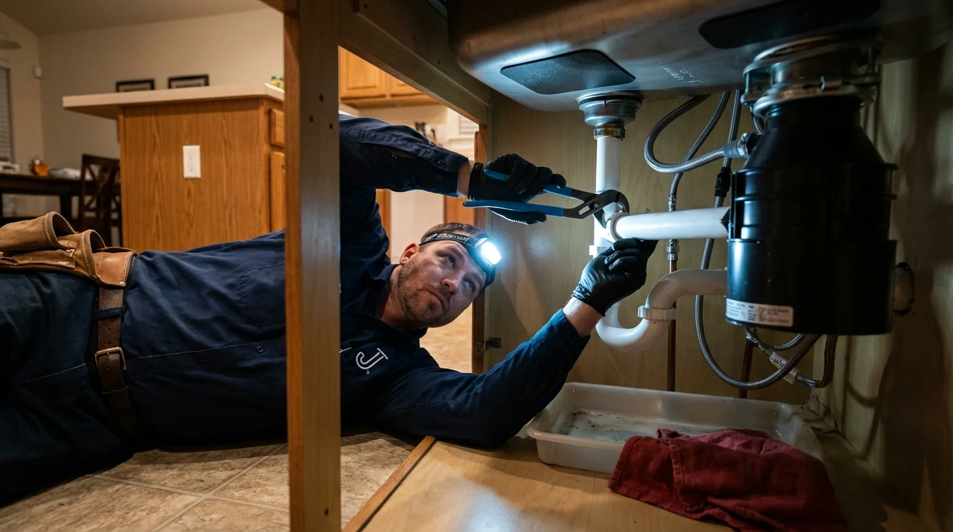 P-trap and supply line connections under a kitchen sink showing a common leak point in Braintree, MA